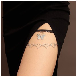 Sttiafay Vintage Butterfly Layered Leg Chain Silver Heart Thigh Chain Summer Beach Leg Thigh Chain Boho Body Leg Chain Jewelry for Women and Girls