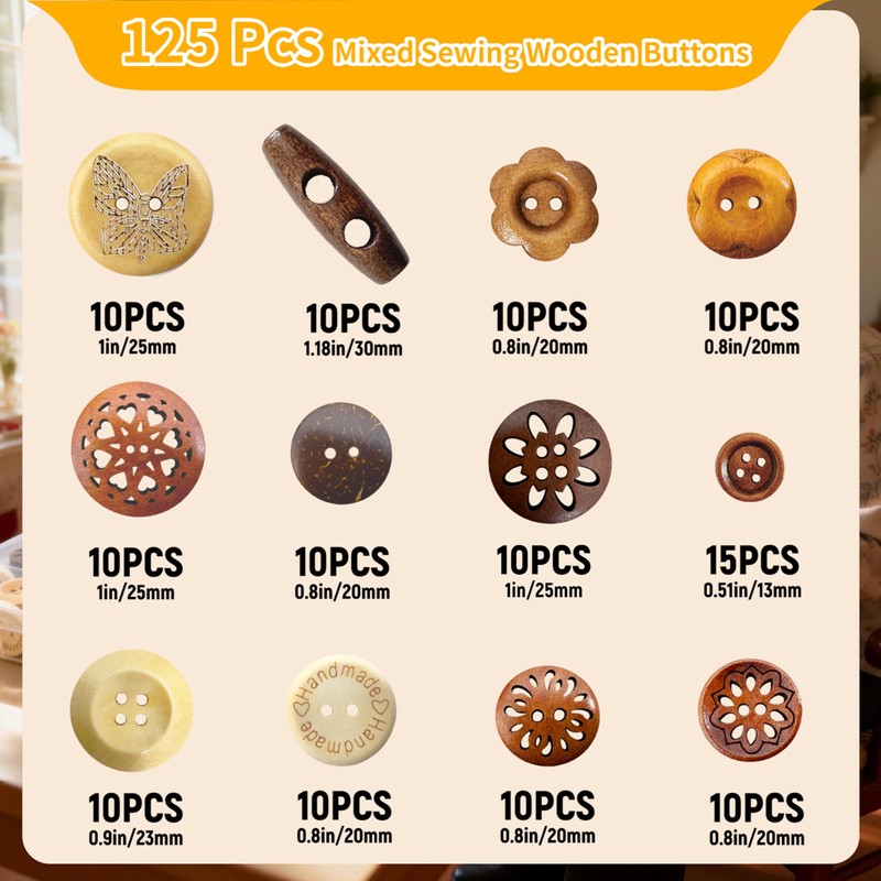 Assorted Wood Buttons for Sewing Crafts, 125Pcs Handmade Mixed Sewing