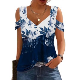 GUNEST Summer Blue Flower Printed Tops Womens Tunic Top Short Sleeve Cold Shoulder V Neck Loose Fit Basic Tee Casual Tops Shirts Blouse