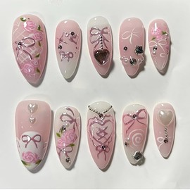 24Pcs Pink Press on Nails Medium Almond Fake Nails with 3D Heart Star Rhinestones Designs Spring Flower Acrylic Nails Full Cover Pink Bow False Nails Pearl Stick on Nails for Women Nail Art Supplies