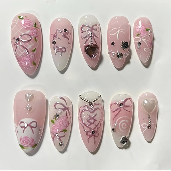 24Pcs Pink Press on Nails Medium Almond Fake Nails with