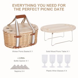 Zettfuly Picnic Basket Set for 4 - Wicker Insulated Picnic Basket with Folding Wine Table, Wine Picnic Kit with Liner for Couples, Camping, Outdoor, Valentine (WhiteFlower)