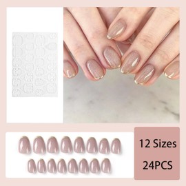 24pcs Short Oval French Gold Tip False Nails with Glitter, Nude Pink Press Ons & Removable Glue - Full Cover Fake Nails for Women & Girls - Nail Art Accessories