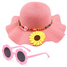 Peninpha Girls Straw Hat with Flower Round Sunglasses, Summer Foldable Large Brim Sunflower Bowknot Beach Toddler Straw Sun Hat, 2-6T