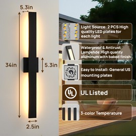 JOKAONOTL Upgraded 2-Pack 34in Black Long Modern LED Outdoor Wall Lights 3000K 4000K 5000K Dimmable Exterior Wall Sconce Outside Light fixtures for House Garage Front Door
