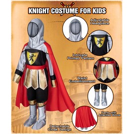 TOLOYE Knight Costume Children, Medieval Costume with Knight Helmet Sword Shield Cape, Gift for Boys, Fancy Dress Costumes Children Knight Costume for Cosplay Carnival Role Play Party (XL)