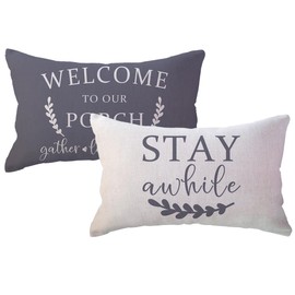 ULOVE LOVE YOURSELF Porch Decor Lumbar Throw Pillow Covers 12x20,2Pack Country Farmhouse Pillowcases Welcome to Our Porch Stay Awhile Front Porch Bench Decor Cushion Covers(Grey)