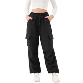 Rolanko Pantaloni Sportivi da Ragazza, con Elastico in Vita Pantaloni da Jogging Attivi Unisex con Tasche Cargo, Nero, 13-14 Anni, 170