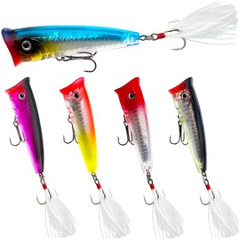 Topwater Popper Fishing Lures, 5 Pcs Bass Poppers Feathered Rooster Tail Lures with Treble Hooks Life-Like Hard Swimbait for Stripr Pike Salmon Offshore(2.95",0.38oz)