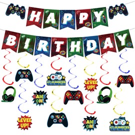 Video Gaming Party Decorations for Boys - Happy Birthday Banner Bunting Garland Decor for Kids, Video Game Themed Hanging Swirls Parties Supplies for Children Adult