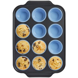 BRONYPRO Silicone Muffin Pans for Baking with Metal Frame, Egg Bite Molds, Cupcake Pans 12 Regular Size, Muffin Tins Easy to Pop Nonstick Non Toxic Bakeware for Oven,Blue
