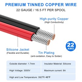 DEKIEVALE 22 AWG Stranded Wire Spool, 16.5ft Each in 8 Colors - Silicone Electrical Tinned Copper Wire, 22 Gauge Flexible Hook Up Wire Kit for DIY, Automotive, Home, and Power Wiring