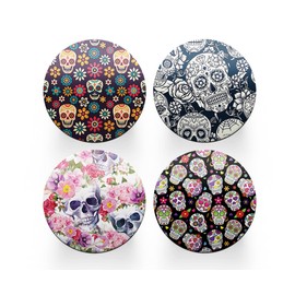 4 x Round Sugar Skull Coasters - Mexican Pattern Day Dead Women Set Theme House Warming Circle Drinks Kitchen Decoration Décor Gift #80197