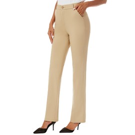 iChosy Women's Stretchy Straight Leg Dress Work Pants Business Office Casual Slacks with Pockets Khaki 4 Tall