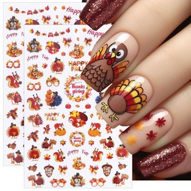 6 Sheet Thanksgiving Turkey Nail Stickers for Nail Art 5D Embossed Fall Nail Stickers Self-Adhesive Squirrel Pumpkin Dwarfs Designs Holiday Nail Decorations Autumn Maple Leaf Nail Decals for Women