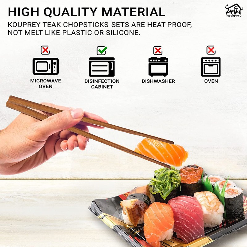 KOUPREY Teak Chopsticks 1 Pack Set 4-Pairs,10-Inch Long Hexagonal Shape