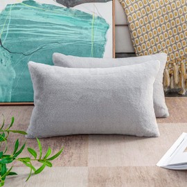 Home Brilliant Set of 2 Fluffy Rectangle Cushion Cover for Lumabr Cute Faux Fur Cushion Covers 30x50 cm, Grey