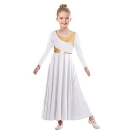 ZYACTU Girls Praise Dance Dress Metallic Block Irregular Liturgical Worship Church Choir Costumes Lyrical Dress Tag 140,White, 9-10 Years