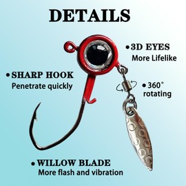 Fish Corner Crappie Jigs Underspin Jig Heads 3D Eyes Crappie Jig Heads Fishing Jig Heads for Crappie Bluegill 10 Packs 1/8oz Black-Red