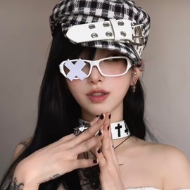 ZYOOFOV Mine Type Newsboy Hat Cap Belt Buckle Women's Unisex Plaid with Brim Cute Gothic Style Subculture Cal Harajuku Style Punk UV Protection Sunscreen Small Face Effect, white