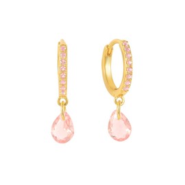 Cute Teardrop CZ Dangle Drop Cartilage Small Huggie Hoop Earrings for Women Minimalist 925 Sterling Silver Post 18K Gold Plated Birthstone Crystal Charm Sleeper Hoops Dainty Hypoallergenic Jewelry Gifts for Valentines Day Xmas (Light Pink)
