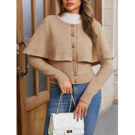 Saodimallsu Womens Cropped Cardigan Sweater Long Sleeve Fall Knit Cape Sweaters Button Up Trendy Outfits 2025 Khaki