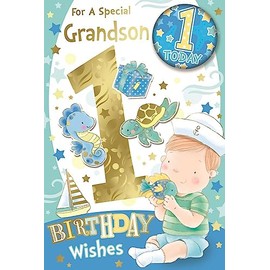 Grandson 1st Birthday Card & Badge - Age 1 Today Boy Sea Creatures Gold Foil 9x6