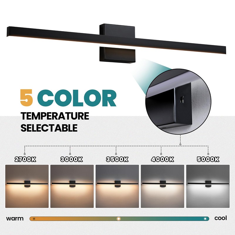 KAISITE Modern Black Bathroom Light - 24 inch Dimmable 5CCT