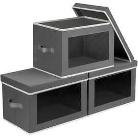 Storage Bins with Lids - Fabric Storage Boxes with Lids, Collapsible Storage Bins with Window, Decorative Closet Organizers and Storage for Clothes, Towels, Books, 3 Packs, Grey