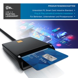 CSL - USB Smart Card Reader - Plug and Play - Power Status LED - USB Bus Powered - HBCI Capable - Windows 10 11 Compatible - Black - No ID Card