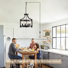 AOLALA Plug in Chandelier Black Farmhouse Pendant Light Fixture, Adjustable Flush Mount Ceiling Light with 19.6 ft Hanging Cord for Kitchen Island, Dining Room, Living Room, Bedroom, Foyer, Entry