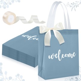party greeting 50 Pack Non-woven Welcome Gift Bags with Handles Blue Wedding Bags with 2 Rolls of Off-White Ribbon Party Favor Bag Suitable for Parties Birthdays Weddings