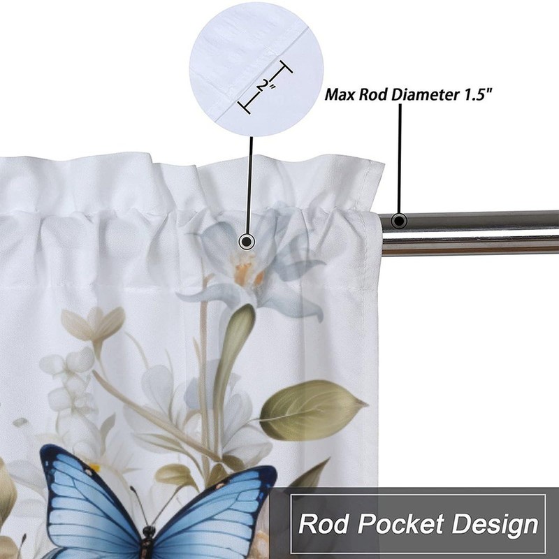 Dabuniu Valance Rod Pocket Curtain, Butterfly Pattern, Blue Butterflies Flower,