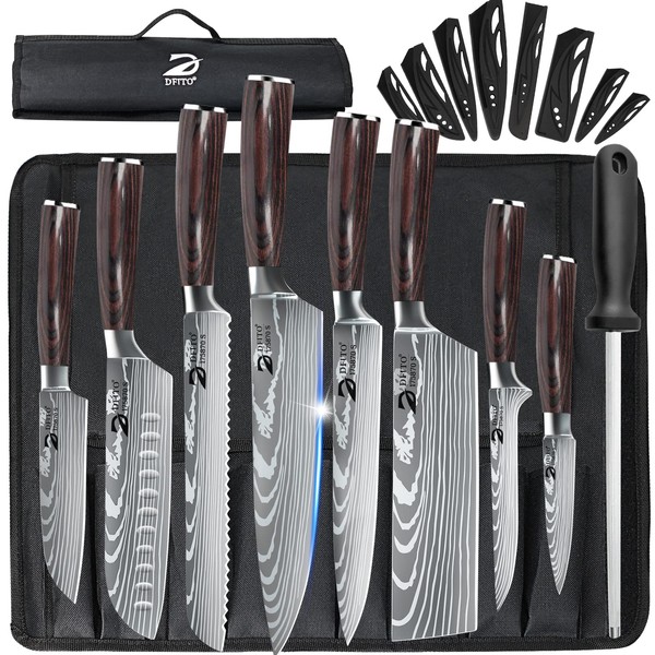 Dfito Chef Knife Sets with Roll Bag, 9 Pieces Professional