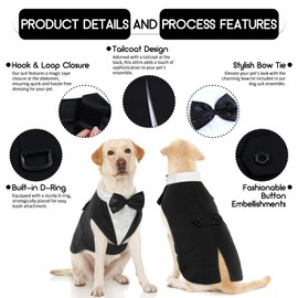 Dog Tuxedo, Dog Wedding Outfit and Bandana Set, Dog Tuxedo Costume, Pet Clothes Puppy Formal Shirt with Removable Bow Tie, Dog Suit For Small Medium Large Dogs, Dog Outfit for Party Birthday Festival