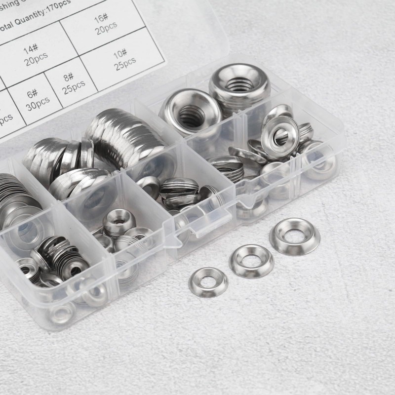 VGOL 170pcs Stainless Steel Cup Countersunk Washers #4#6#8#10#12#14#16 Cup Washer