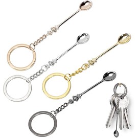 4PCS Mini Metal Spoons - Tiny Spoon Keychain Pendant - Small Decorative Spoon Necklace - Portable Tea Spice Salt Powder Scoop for Travel Camping Party Accessories (Gold Silver Rose Gold Black)