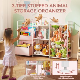 BBLIKE 3in1 Stuffed Animal Storage Organizer - Toy Storage with Kids Bookshelf & Large Plushies Holder for Kids Room - Multi-Functional Furniture for Nursery, Bedroom, and Playroom, Pink