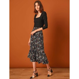 Allegra K Women's Printed Skirt Chiffon Elastic Waist Ruffle Tiered Flowy Midi Skirt Black-Floral 16