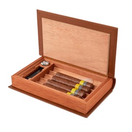 WANTHER Cigar Humidors,Book Portable Humidor Cigar Case for Travel and Men's Presents, Cedar Wood Brown Leather Cigar Accessories