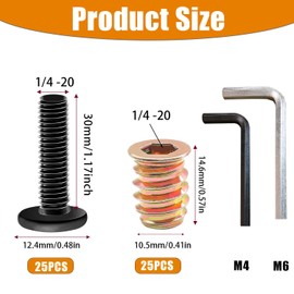 Taiss 25 Sets 1/4"-20 Threaded Inserts for Wood Furniture Screw Assortment Nut Threaded Wood Inserts Bolt Fastener Connector Hex Socket Drive 1/4-20 x 1-5/32" Screw