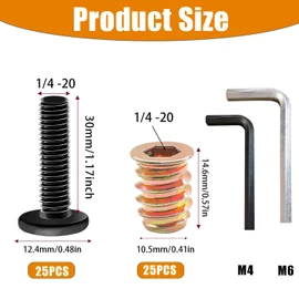 Taiss 25 Sets 1/4"-20 Threaded Inserts for Wood Furniture Screw Assortment Nut Threaded Wood Inserts Bolt Fastener Connector Hex Socket Drive 1/4-20 x 1-5/32" Screw