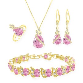 GZWHD Jewelry Set for Women CZ Earrings Necklace Ring Bracelet Set Prom Party Wedding Jewelry Gift for Mother Friend Wife, Adjustable, Brass, Cubic Zirconia