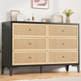 Jocoevol Rattan Dresser for Bedroom with 6 Drawers, Wide Chest of Drawers & Boho Dresser for Closet, Store Organizer for Bedroom, Living Room, Hallway (Black)