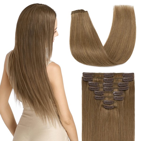 S-noilite Clip in Hair Extensions Real Human Hair 16 Inch Light Brown Hair Extensions Remy Human Hair Clip In For Women Natural Straight Clip on Extension 8PCS 65g #06