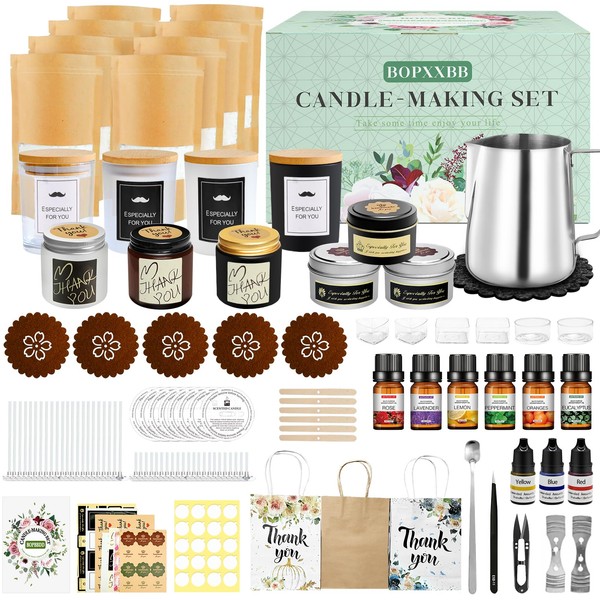 DOPXXBB Complete Candle Making Kit, DIY Candle Making Supplies for Adults, Include Soy Wax, Candle Cups & Tins Candle Wicks & Light Aroma Type Scents, Liquid Dyes & More, DIY Candle Making Starter Kit