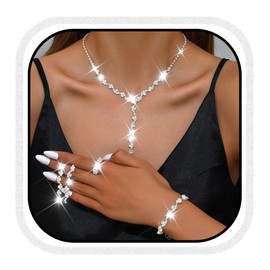 Zoestar Bridal Jewelry Set Rhinestone Necklace Sparkly Crystal Bride Wedding Necklaces Jewelry Formal Costume Jewelry Sets for Women (Silver)