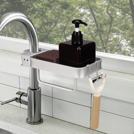 Sponge Holder For Kitchen Sink Caddy Organizer,Aluminium Kitchen Sink Rack Organiser With Hooks,360° Hanging Removable Dish Soap Sponge Caddy For Kitchen（Used for 0.78-1.14IN Round Water Pipes）