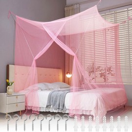 Mosquito Net Bed Travel, Mosquito Net Double Bed and Single, Single Door Hanging Bed Net with 8 Hanging Rings, Mosquito Net Bed Curtain, Bed Canopy Fine Mesh for Home and Camping, Pink, 200 x 180 x