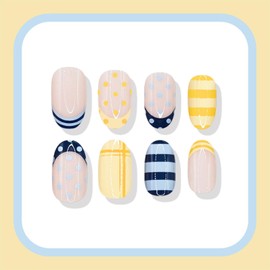 Summer Press on Nails Polka Dot Nails Press Ons Short Almond Fake Nails Blue Yellow French Tip False Nail with Stripe Design Acrylic Nail Glossy Stick on Nail for Women DIY Full Cover Manicuare 24Pcs